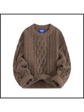 Oversized Chunky Cable Knit Crew Neck Pullover Sweater Wool Blend